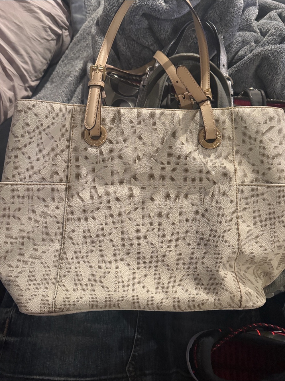 Michael Kors Cream Logo Canvas Tote with Beige Leather Trim